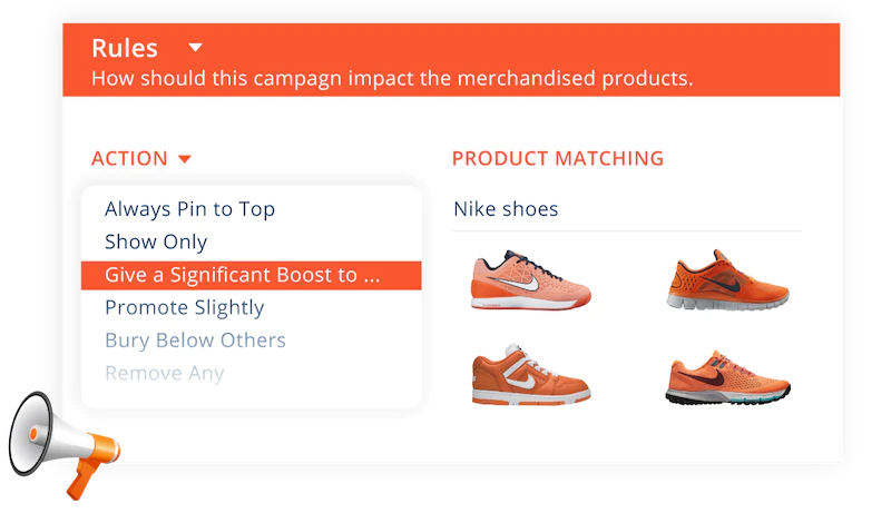 e-commerce data card showing orange trainers sneakers with rules and actions drop down