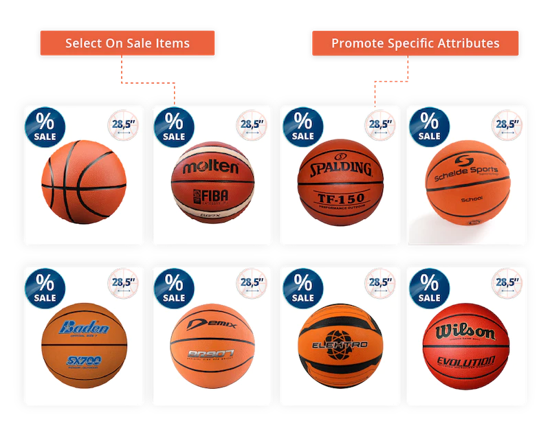 basketballs showing % off sale and showing possible attrivutes using clerk.io