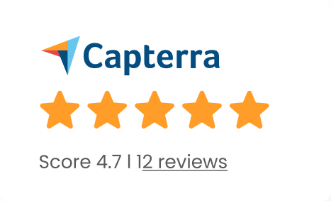 Logo of Capterra alongside five stars and the copy "Score 4.7" and "12 reviews."