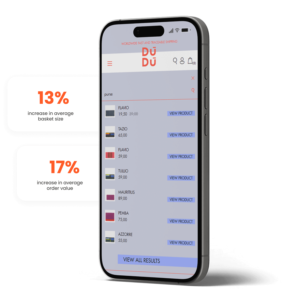 Image of a phone showcasing an e-commerce site alongside the copy "13% increase in average basket size" and "17% increase in average order value."