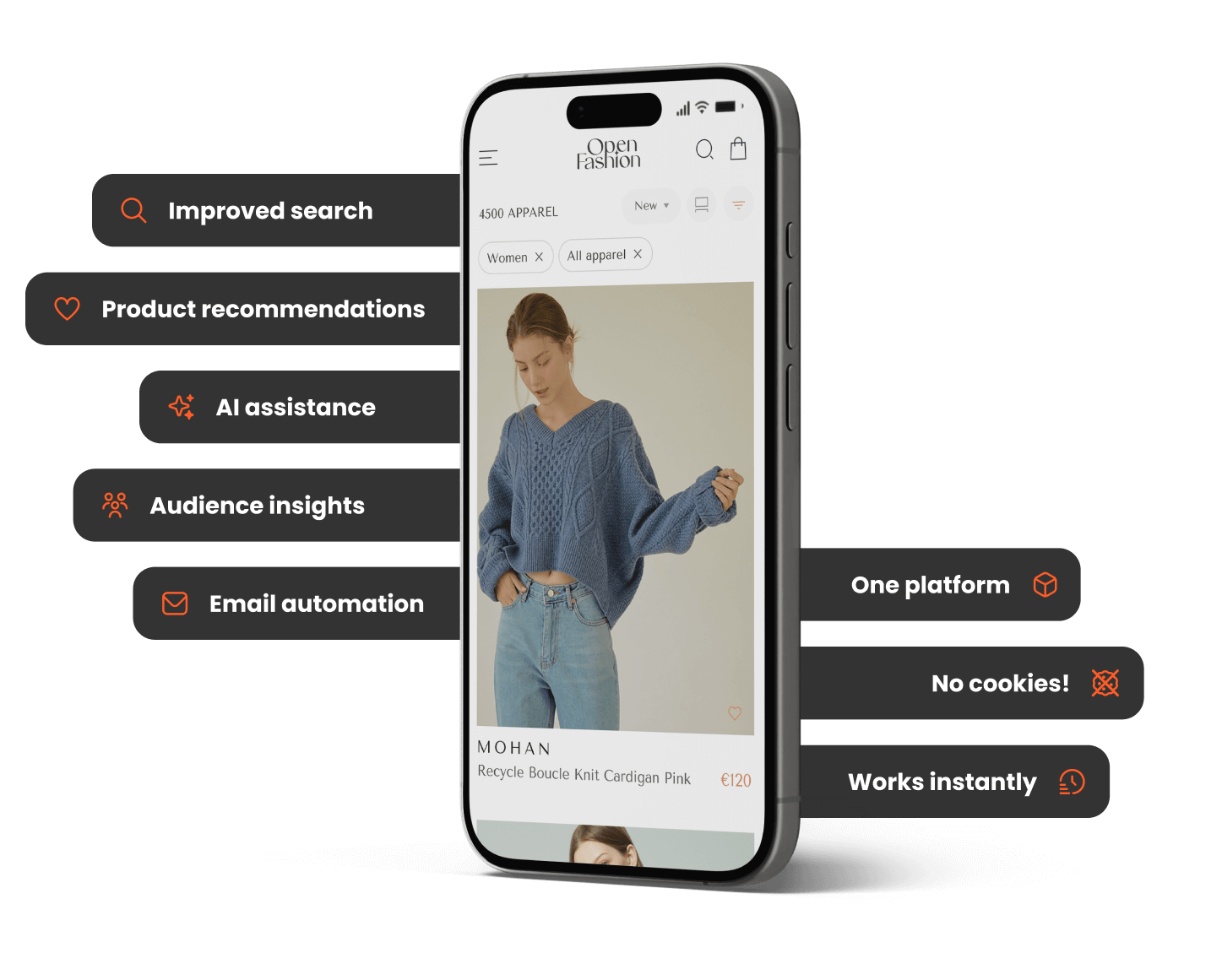 Image of a phone showcasing an e-commerce site and listing the features Clerk.io provides to its customers.
